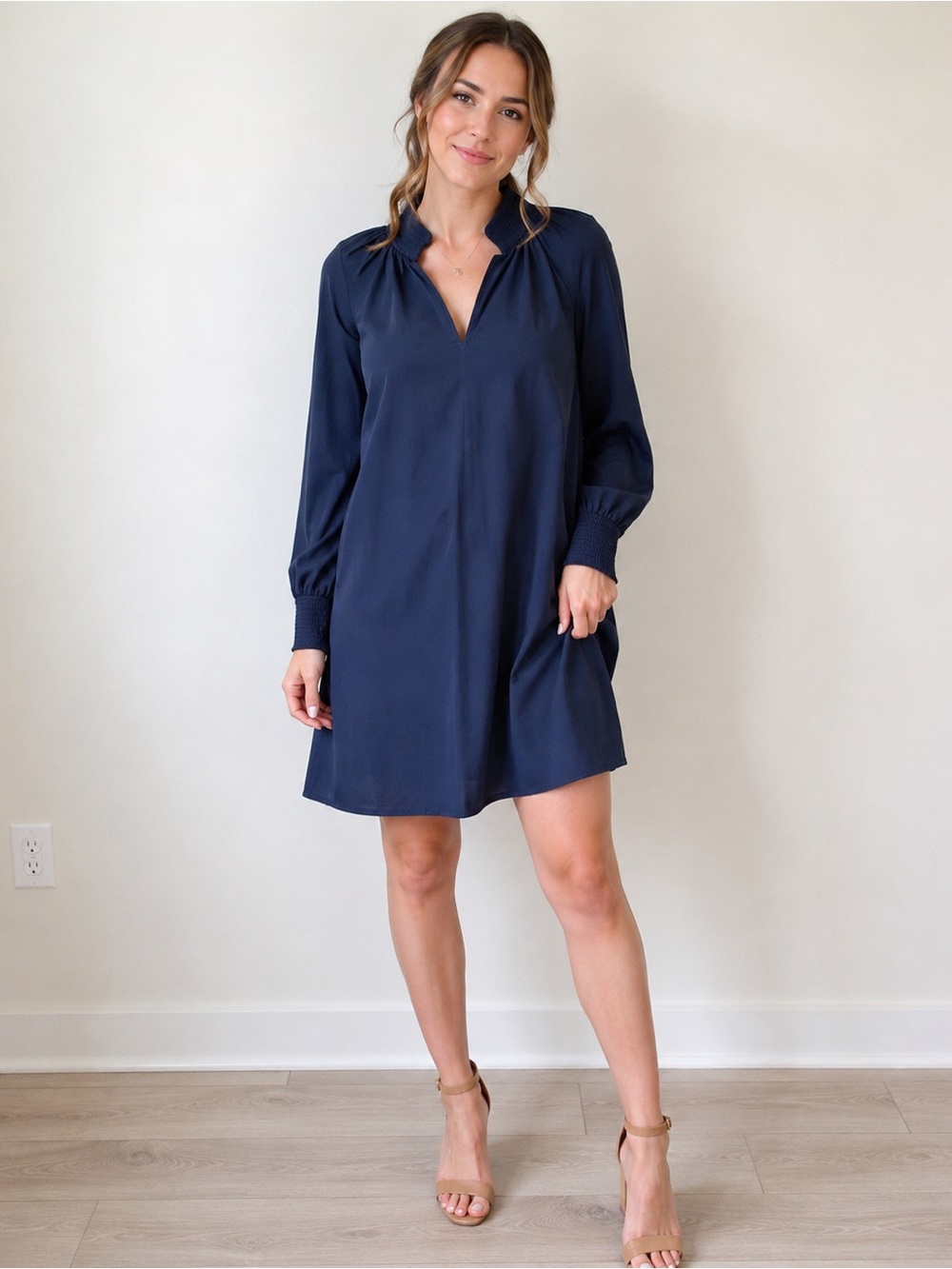 Brochu Walker Navy Blue Smocked Collar V-Neck Shift Dress Size M